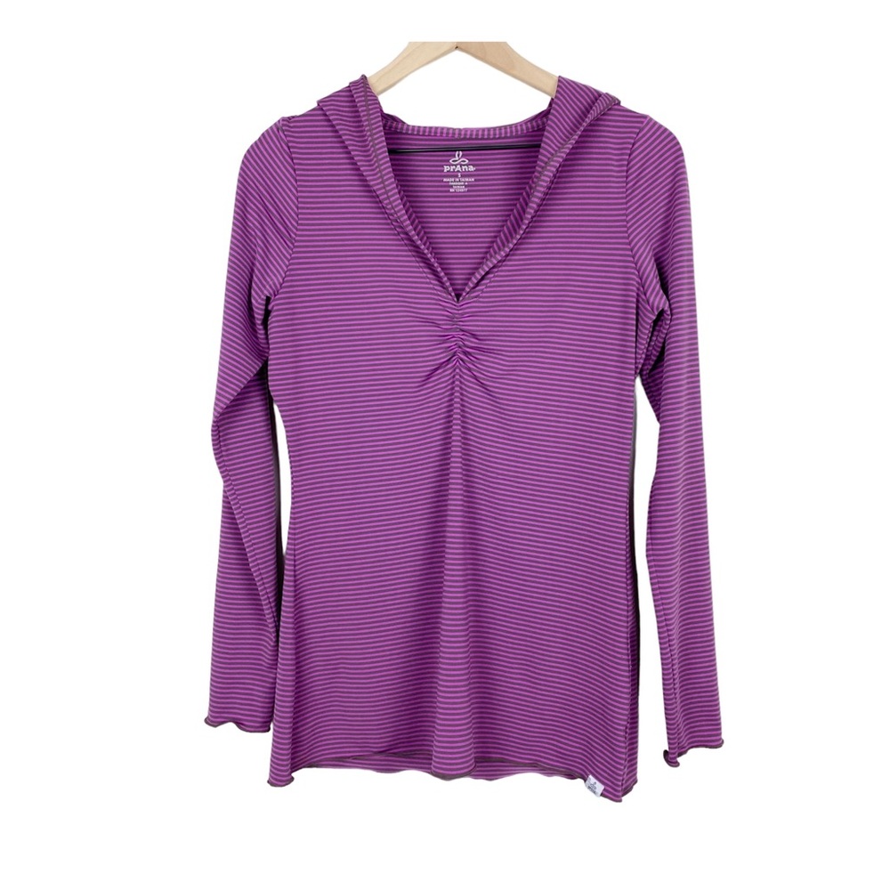 Prana Perry Striped‎ Pullover Hoodie Shirt Womens Small Purple V-Neck
